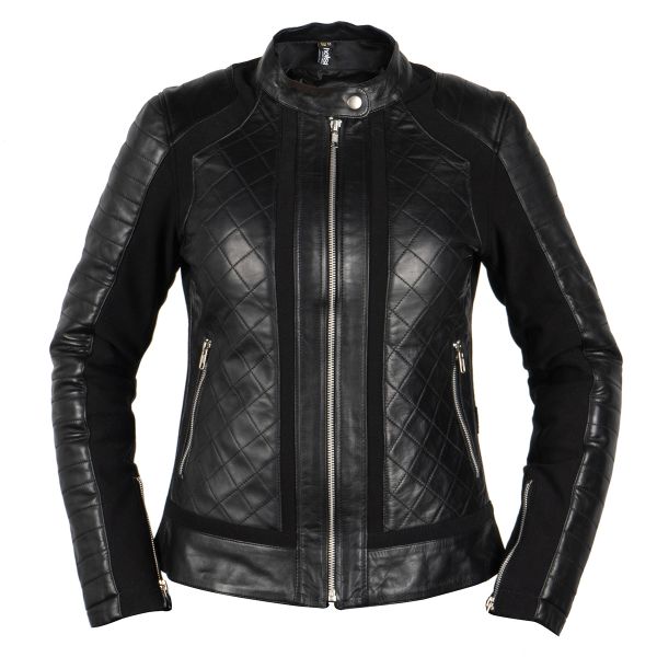 Ladies black collarless hot sale leather jacket